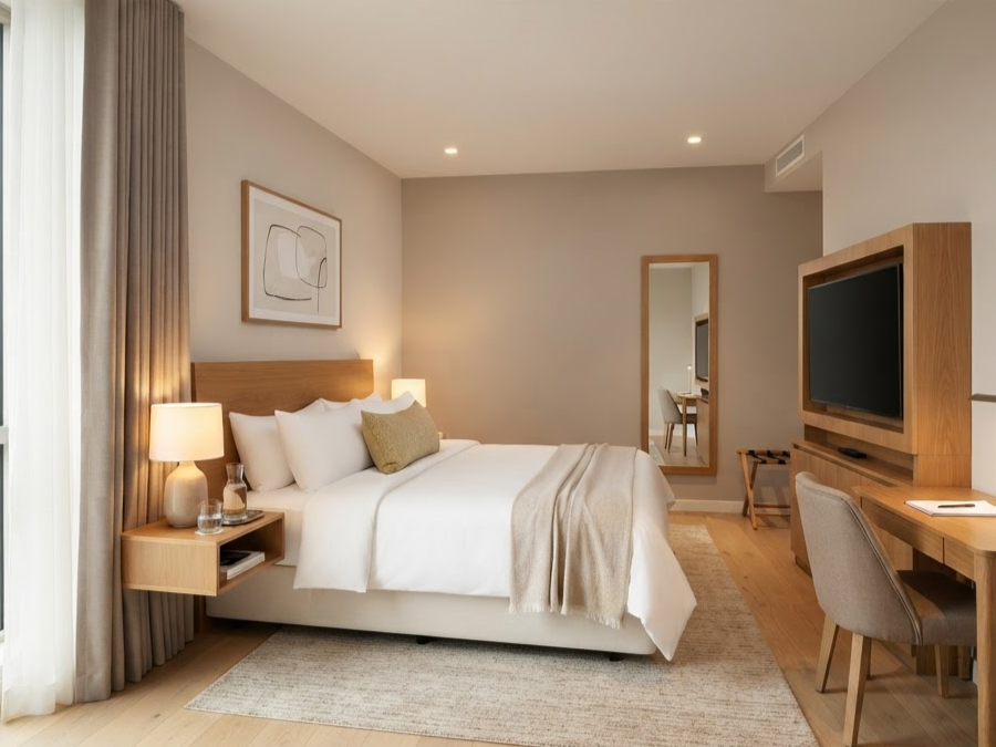 Elegant hotel room with plush bedding and modern decor